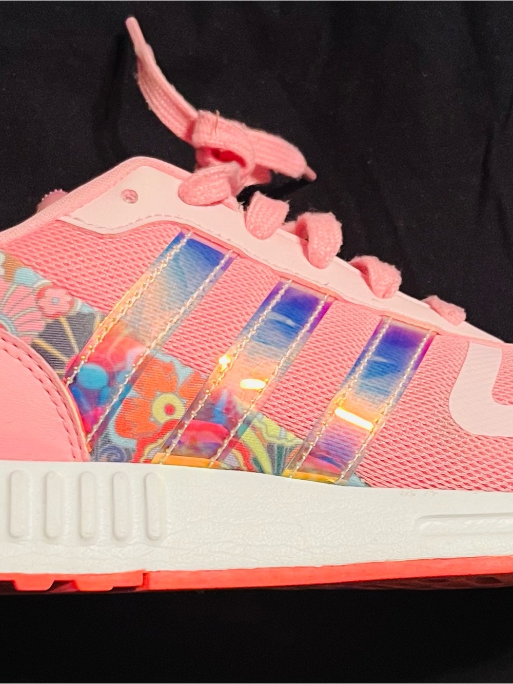 adidas Pink Kids Sneakers with Iridescent Stripes and Floral Detail